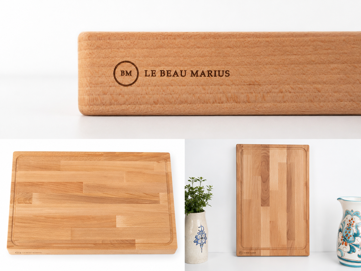Planche à découper professionnelle hêtre massif 52×38×4cm – Format billot, rainure jus