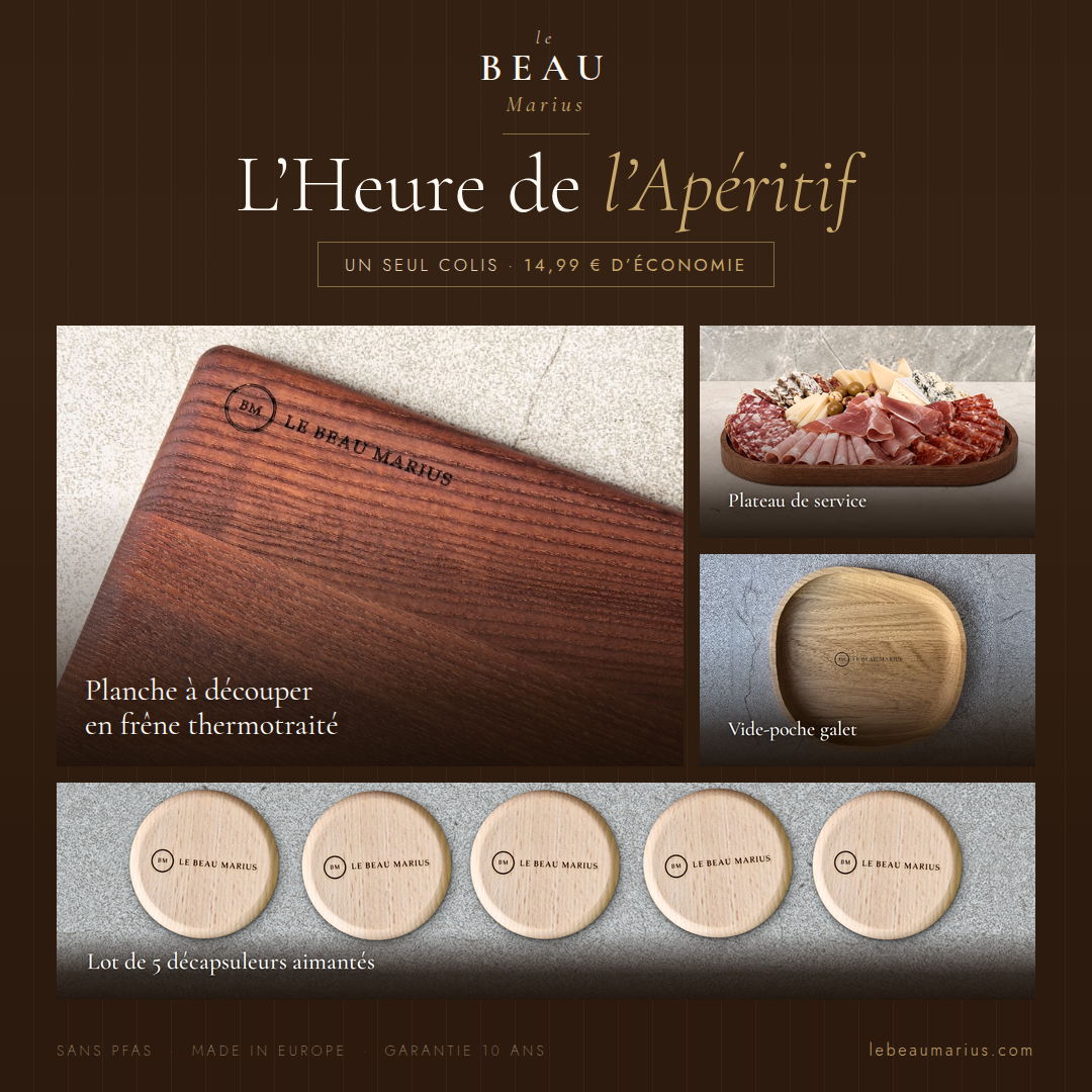 Coffret L’Heure de l’Apéritif Le Beau Marius : planche à découper en frêne thermotraité 25 x 18 cm, plateau de service, lot de 5 décapsuleurs aimantés et vide-poche galet