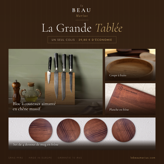 Coffret La Grande Tablée Le Beau Marius : bloc à couteaux en chêne massif, coupe à fruits, planche en frêne thermotraité et set de 4 dessous de mug
