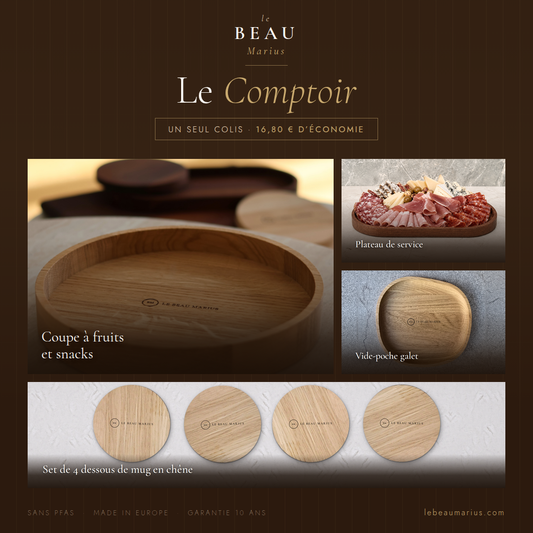 Coffret Le Comptoir Le Beau Marius : coupe à fruits en chêne, plateau de service en frêne, vide-poche galet et set de 4 dessous de mug en chêne