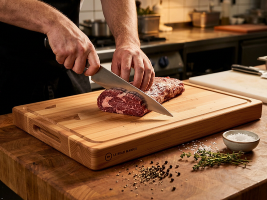 Planche à découper professionnelle hêtre massif 52×38×4cm – Format billot, rainure jus