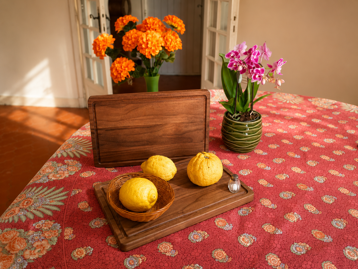 Deux planches à découper en noyer massif avec gorge à jus, l'une debout, l'autre garnie de citrons, sur une nappe rouge